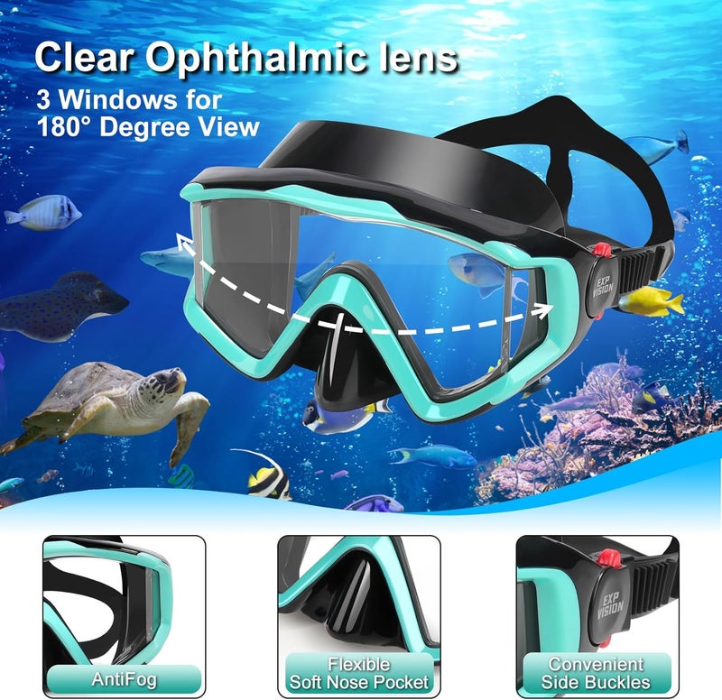 EXP VISION Snorkel Set Pano 3 Window Adult Snorkeling Gear, Professional Snorkel Goggles Anti-Fog Diving Mask, Anti-Leak Swim Goggles and Dry Top Snorkel for Diving, Snorkeling, Swimming - Image 2
